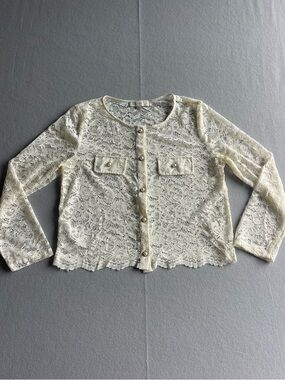 LOFT Ivory Lace Jacket Large Sheer Button Front Feminine Layering